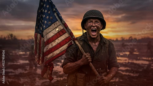 American Army Patriot on the Battlefield - Independence Day July 4th