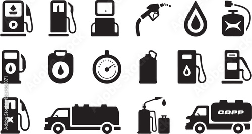 Gas Station Silhouette Set with Pump Fuel Truck Art Design, Perfect for Automotive Travel Industry Decor