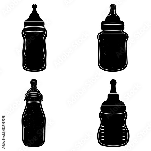 Illustration of four different baby bottles in black silhouette on a white background design element