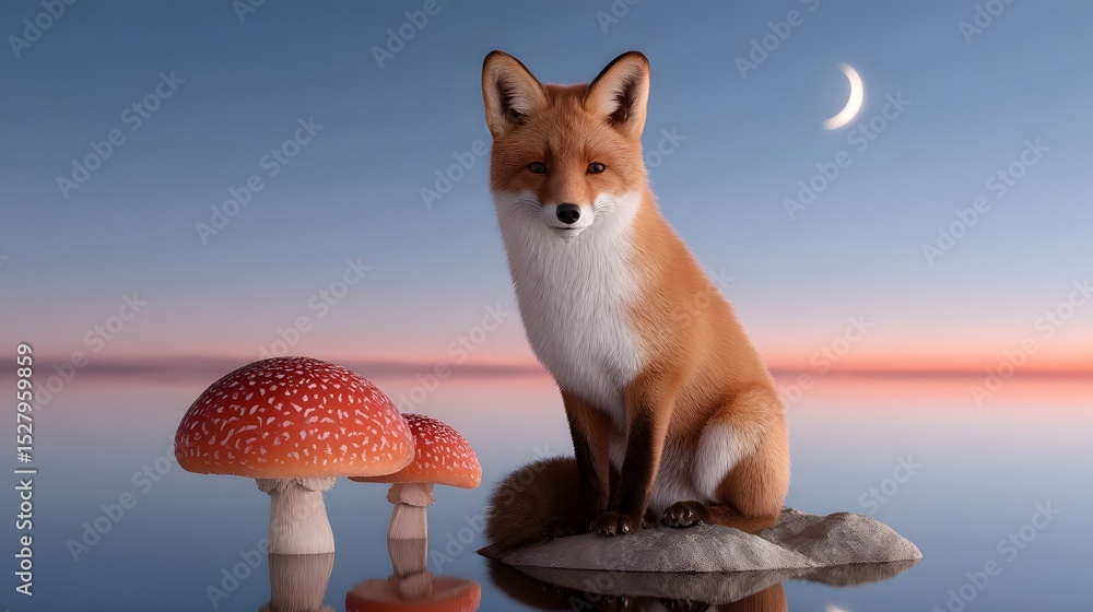 Fototapeta premium Surreal fox sitting on a mushroom planet at dusk