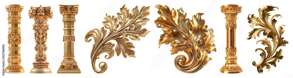 Naklejka premium PNG Set of ornate gold columns and decorative leaf designs element set on transparent background.
