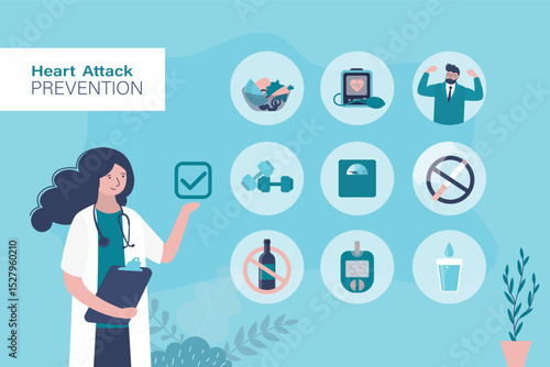Heart attack prevention infographic, poster template. Doctor cardiologist talking about disease prevention factors. Fitness, refuse bad habits. Health care concept