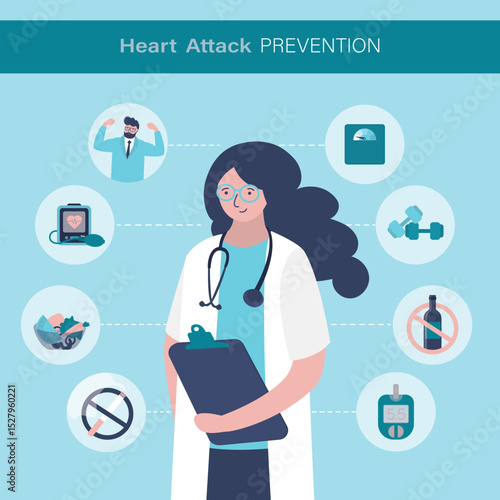 Heart attack prevention infographic, poster template. Doctor cardiologist talking about disease prevention factors. Health care concept.