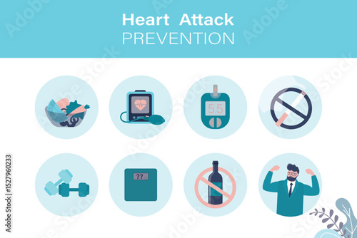 Heart attack and atherosclerosis prevention tips, healthy lifestyle good habits. Infographic of heart attack prevention infographic. Set of icons or signs.