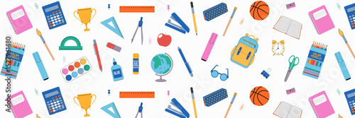 Seamless repeating pattern, background of school supplies on white background. Back to school.