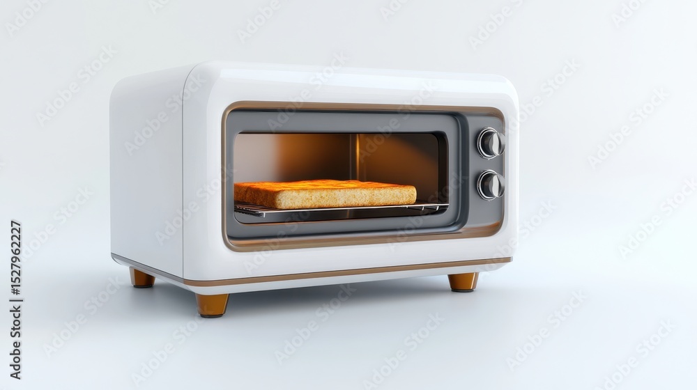 Obraz premium Modern toaster oven with a slice of bread inside, featuring a sleek white design.