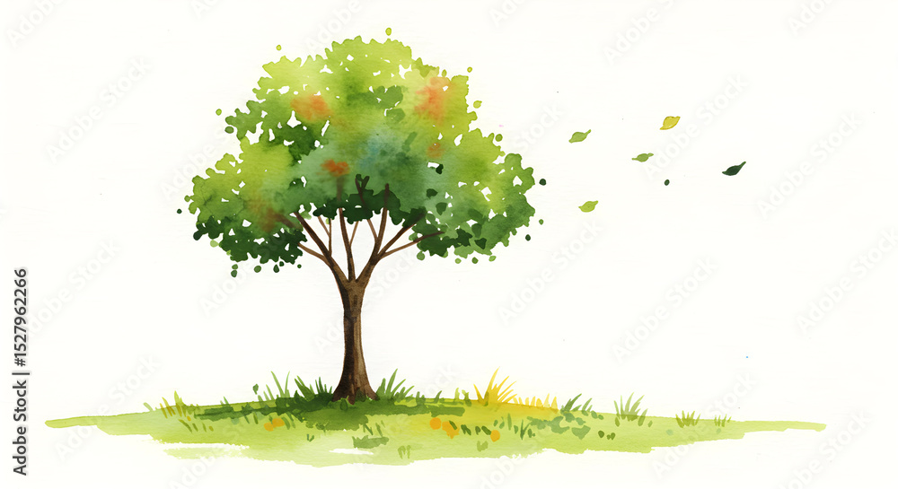 Fototapeta premium Green leafy tree standing alone with painted sky background. Watercolor style on canvas 