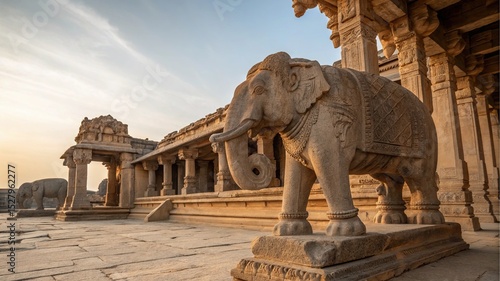 Ancient Elephant Sculpture: An intricately carved stone elephant statue stands majestically within the ruins of an ancient temple, under a serene, sunlit sky, capturing the beauty of architecture.