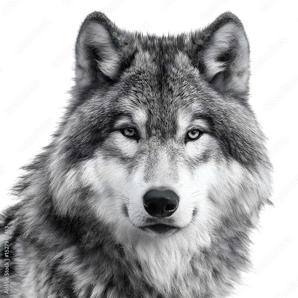 Fototapeta premium A portrait of a gray wolf with detailed fur, on a white background, 