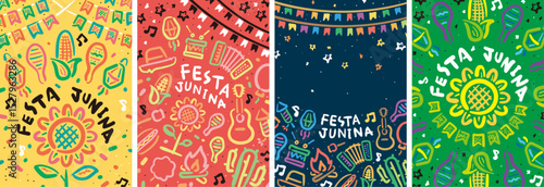 Festa Junina illustration poster set.Colorful hand drawn style.