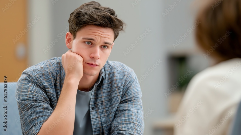 Naklejka premium A young male crisis counselor sits at a table, resting his chin on his hand, focused on a client in a contemporary office space. His expression shows determination and empathy