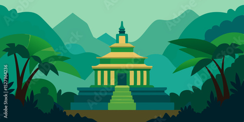 A mysterious ancient overgrown stone and sacred temple cartoon video background scene vector illustration