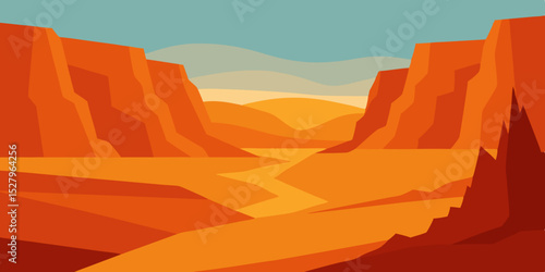 A vast red arid rocky hot and grand desert canyon cartoon video background scene vector illustration