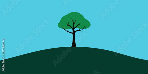 A solitary peaceful simple quiet and calm lone tree cartoon video background scene vector illustration