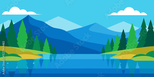 A hidden calm reflective tranquil and serene lake in cartoon video background scene vector illustration