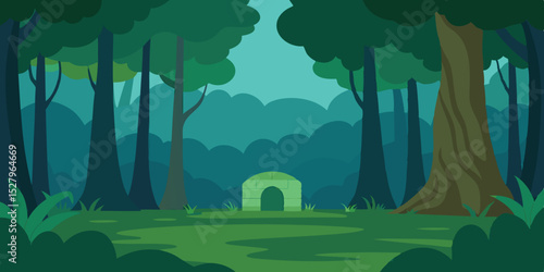 A hidden peaceful sunlit remote and secret forest glade cartoon video background scene vector illustration