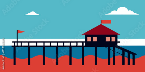 A weathered rustic forgotten derelict and lonely old pier cartoon video background scene vector illustration