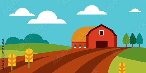 A charming idyllic peaceful green and quiet rustic farmland cartoon video background scene vector illustration