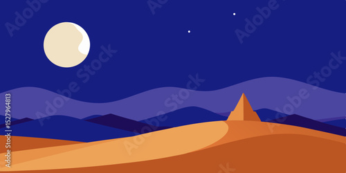 A silent cool blue serene and calm moonlight desert cartoon video background scene vector illustration