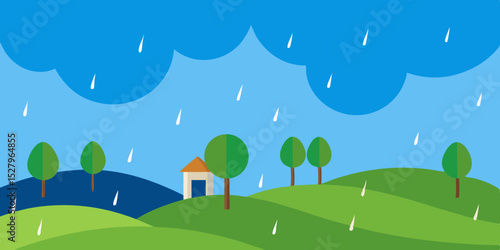 A wet melancholic moody calm and gray rainy countryside cartoon video background scene vector illustration