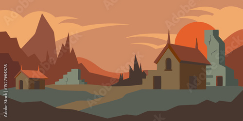 A forgotten rustic overgrown spooky and old abandoned cartoon video background scene vector illustration