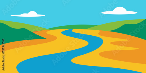 A wide branching aerial and scenic beautiful river delta cartoon video background scene vector illustration