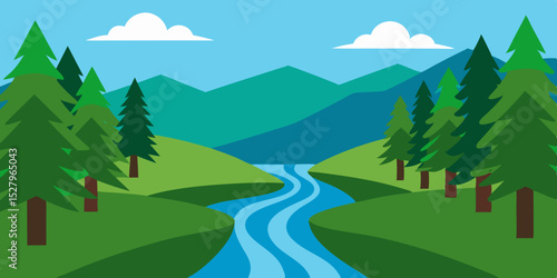 A clear babbling and small beautiful forest creek cartoon video background scene vector illustration