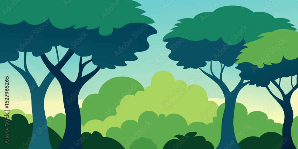 Obraz premium A dense green and high lush forest tree canopy cartoon video background scene vector illustration