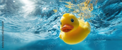 The cheerful rubber duck floating in clear blue water
