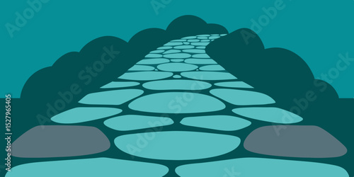 A winding charming and old garden stone pathway cartoon video background scene vector illustration