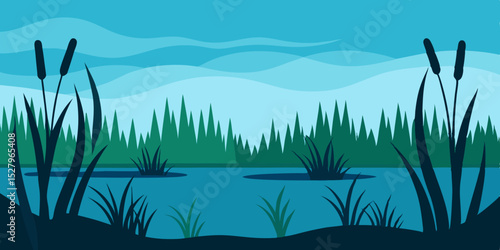 A wet grassy flat and coastal habitat marshland cartoon video background scene vector illustration