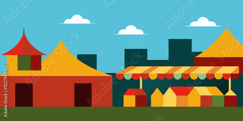 A bustling historic and quaint medieval village market cartoon video background scene vector illustration