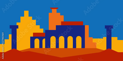 A medieval historic and forgotten stone castle ruin cartoon video background scene vector illustration