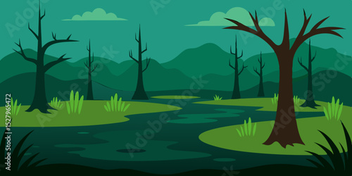 A murky mysterious and eerie dark southern swamp cartoon video background scene vector illustration
