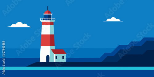 A guiding tall and solitary coastal lighthouse cartoon video background scene vector illustration