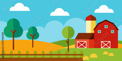 A charming peaceful idyllic and rural country farm cartoon video background scene vector illustration