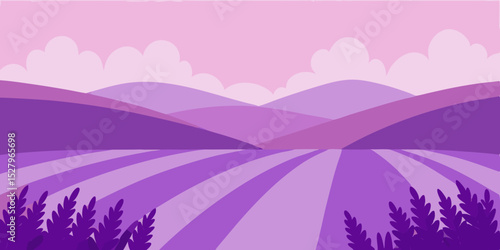A beautiful fragrant and purple relaxing lavender field cartoon video background scene vector illustration