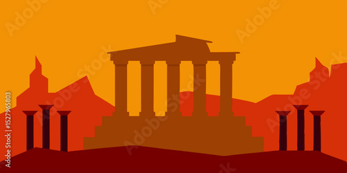 Forgotten historic mysterious ancient temple ruins cartoon video background scene vector illustration