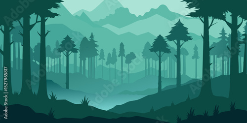 A mysterious eerie misty foggy forest pathway cartoon video background scene vector illustration