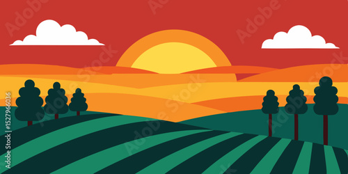 A romantic golden warm beautiful sunset over vineyard cartoon video background scene vector illustration