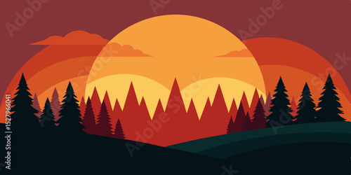 A peaceful misty hopeful early morning dawn cartoon video background scene vector illustration