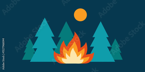 A cozy warm crackling bright campfire in woods cartoon video background scene vector illustration