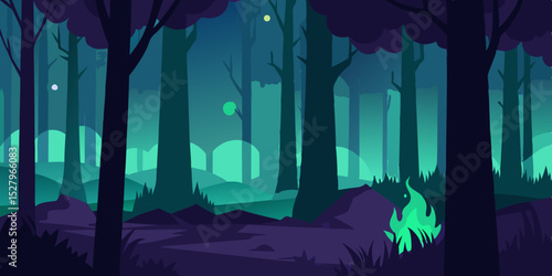 A magical enchanted luminous fantasy glowing forest cartoon video background scene vector illustration