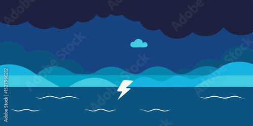 A powerful dark dramatic fierce storm over ocean cartoon video background scene vector illustration