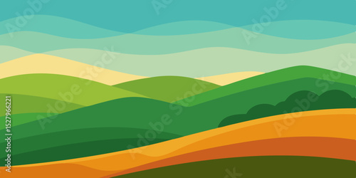 A vast gentle peaceful green sunny rolling hills cartoon video background scene vector illustration