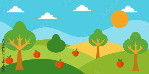 A bright fruitful idyllic blooming sunny orchard cartoon video background scene vector illustration