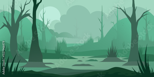 A spooky mysterious eerie dense foggy swamp cartoon video background scene vector illustration
