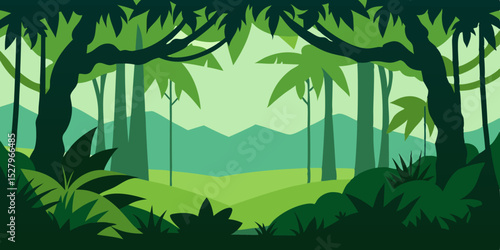 A high looking up dense verdant jungle canopy cartoon video background scene vector illustration