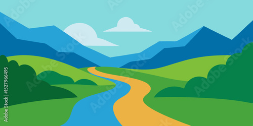 A wide meandering calm green valley river cartoon video background scene vector illustration