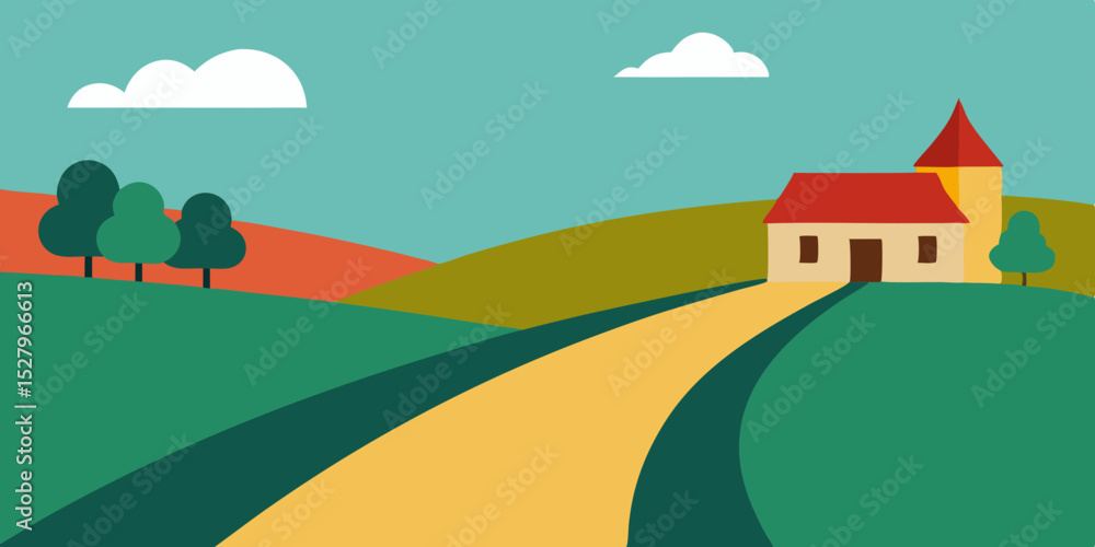Fototapeta premium A quaint cobblestone country village road cartoon video background scene vector illustration